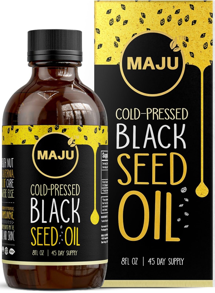 MAJU Black Seed Oil - 3 Times Thymoquinone, Cold-Pressed, 100% Turkish Black Cumin Seed Oil, Liquid Pure Blackseed, Glass Bottle, 8 oz