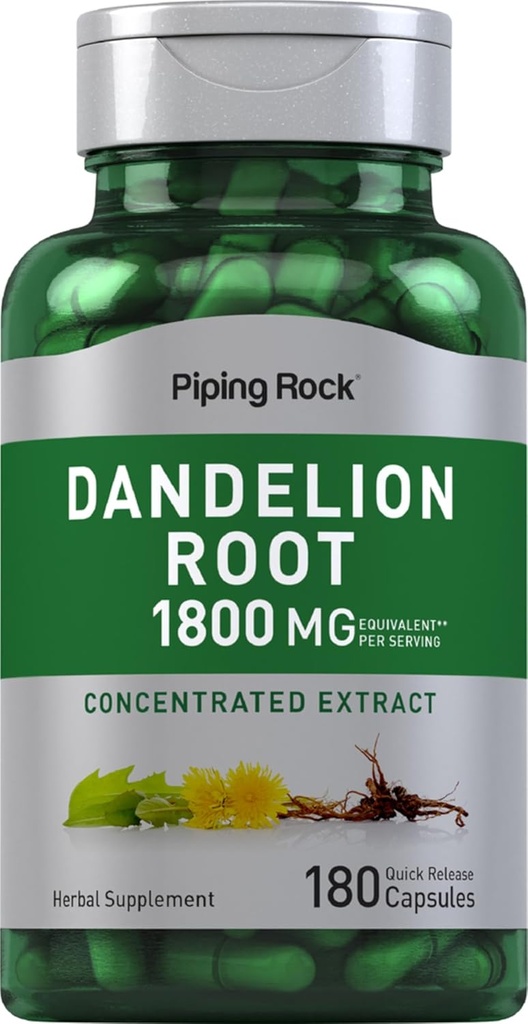 Piping Rock Dandelion Root Capsules | 1800mg | 180 greve | Herbal Supplement | Koncentrerad extrakt | Glutenfri, icke-GMO