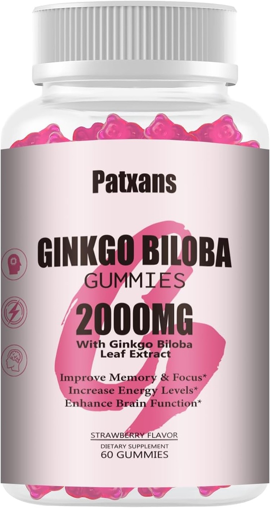 1 Pack 2000mg Ginkgo Biloba Gummies - Ginkgo Biloba papildai smegenų sveikatai remti, Tobulinti nuotaiką ir susikoncentruoti, Energija, Suaugusieji, braškių skonio, 60 Count