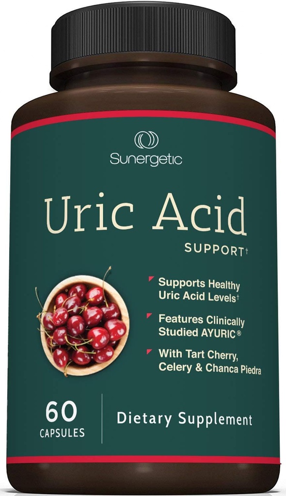 Sunergetic Premium Ácido Urico Suplemento de suporte – Ácido Urico Cleanse & Rim Suporte – Inclui Tart Cherry, Chanca Piedra, extrato de aipo e alcaçuz - 60 Cápsulas