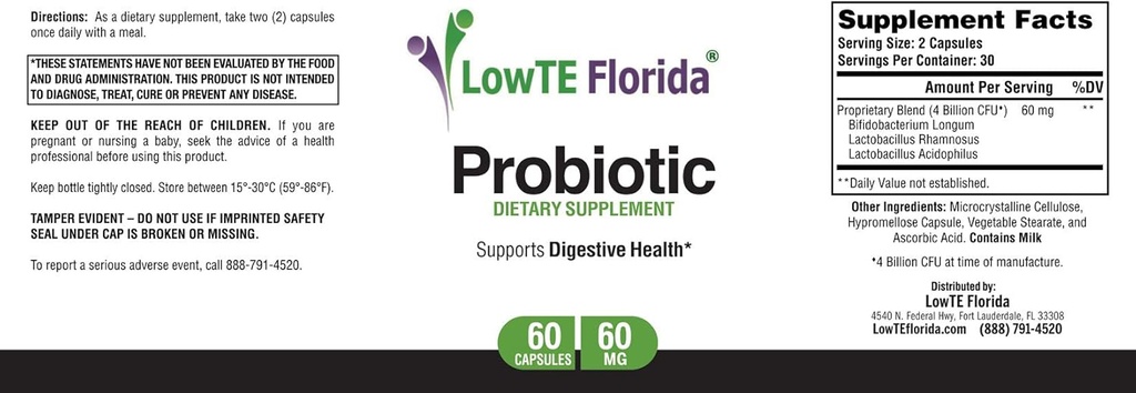 BaixTE Florida® Probiotic suplementari - 60 Capsules, 60mg, Probiotics per a la salut organitzada i suport de Lactambàtrofils, Lactobacilis Rhamnos i Bifibaculi Longum