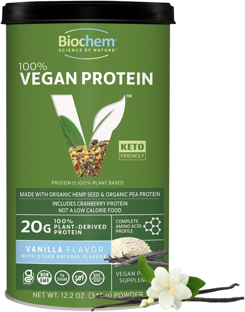 Biochem Vegan Protein Toz - Kas Support üçün 20g Bitki-based protein - Organic Pea, Hemp & Cranberry Protein - Aşağı Avtomobilb, Aşağı Fat, Gluten-Free, Non-GMO, Keto-Friendly - Vanilla Flavor - 12.2 oz