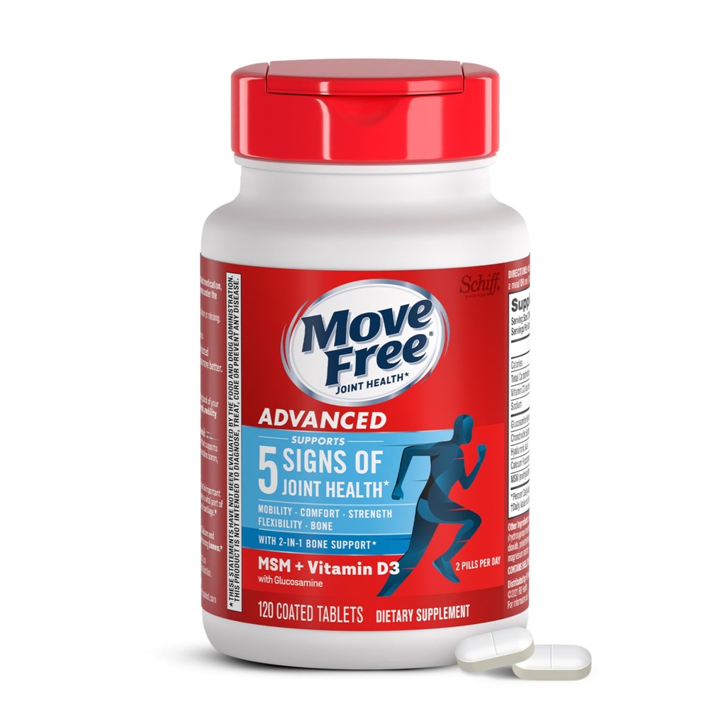 Move Free Advanced Glucosamine Chondroitin MSM + Vitamin D3 Joint Support Supplement, Supports Mobility Comfort Strength Flexibility & Bone + Immune Health - 120 Tablets (40 servings)*