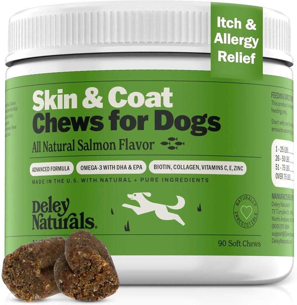 Deley Naturals Skin & Coat Chews - Собачка Алергія Chews з Омега 3 Рибна олія, Біотин, Колаген і основні вітаміни - Підтримує собаку Свербіння шкіри, зменшує сухість і здорове пальто - Виготовлені в США