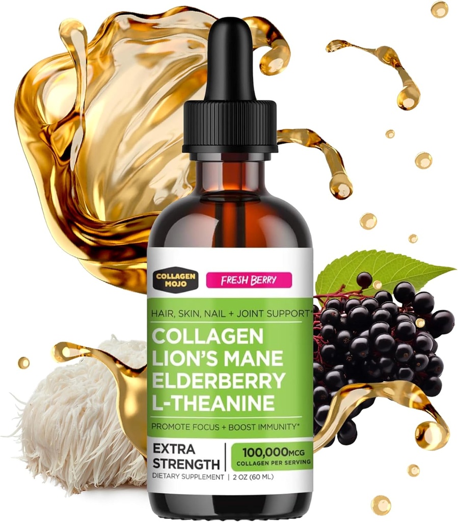 Collagen Mojo - Liquid Collagen for Women & Men, Collagen Peptides with Lion 's Mane Gombával, Elderberry & L- Theanine - Hair, Skin, Nails, Joint Support, Focus, High Absorption - 100,000mcg, 2 Oz