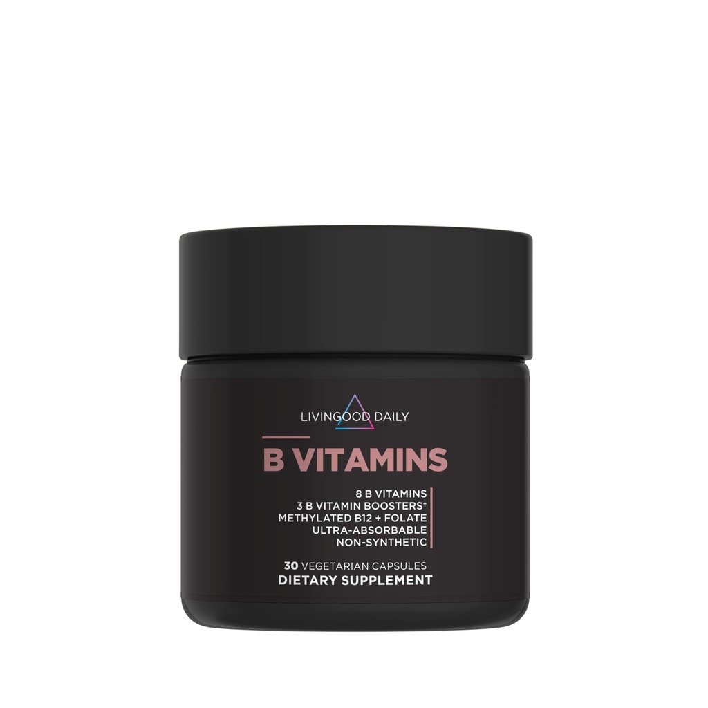 Livingood Daily Vitamin B Complex Capsules for Men and Women, Methylated B12 & Folate, 11 Active Forms Including B1 B2 B3 B5 B6 & Biotin, Gluten Free, Vegan B Vitamins for Hair Skin Nails, 30 Capsules