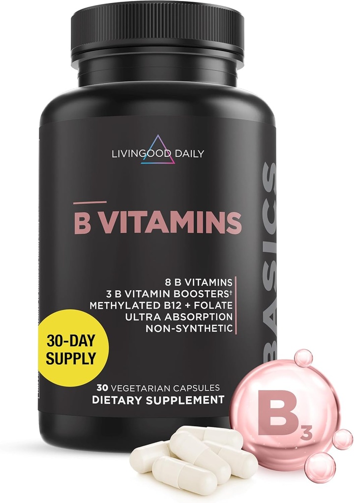 Livingood Daily Vitamina B Complex Cápsulas para Homens e Mulheres, Metilado B12 & Folato, 11 Formas Ativas Incluindo B1 B2 B3 B5 B6 & Biotina, Gluten Free, Vegan B Vitaminas para unhas da pele do cabelo, 30 Cápsulas