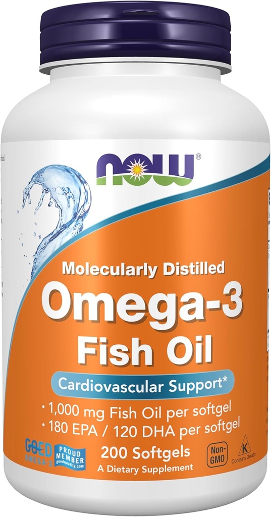 NOW Integratori alimentari, Omega-3 180 EPA / 120 DHA, Distillato molecolare, Supporto cardiovascolare*, 200 Softgels