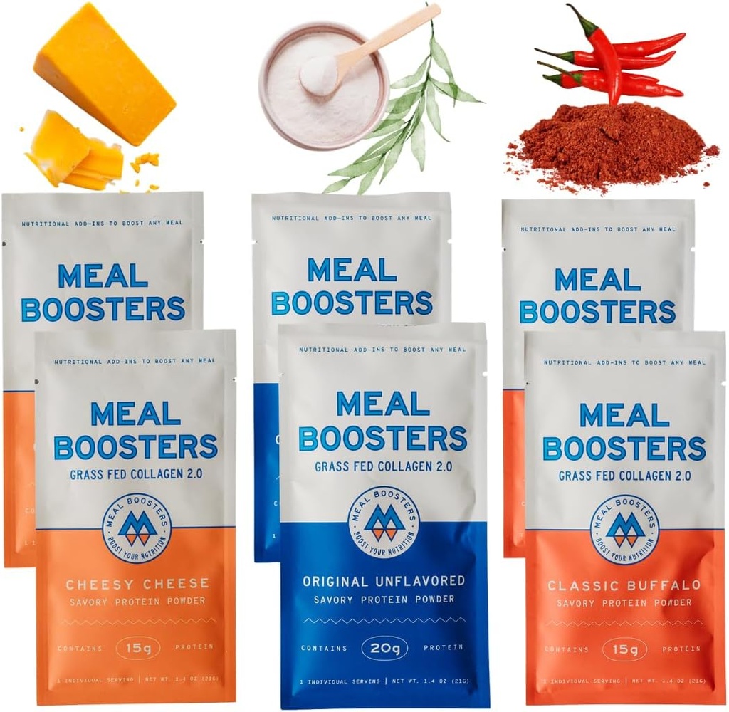 Meal Boosters MB Variety Pack Sampler Savory Protein Supplement, Cheesy Cheese, Buffalo, Unflavored, Grass-Fed Collagen, Muskelwachstum, Tendon, Ligament, Haar Hautreparatur, Gut Health