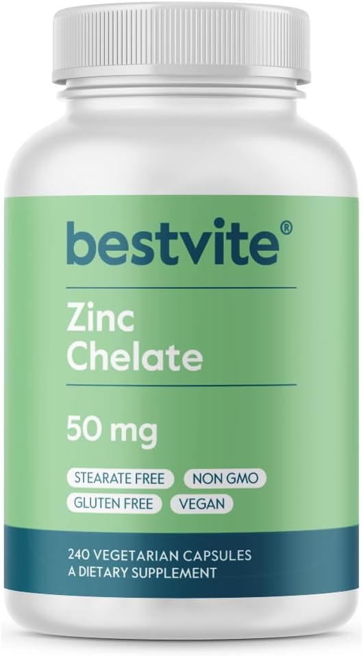 BESTVITE Zinc Chelate 50mg (240 Vegetarian kapsulak) - Ez Stearates - Ez Dicalcium Phosphate - Vegan - Ez GMO - Gluten Free