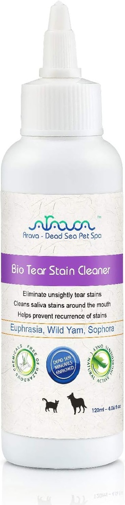 Arava Natural Tear og Stain Remover for hunder og katter - Effektiv løsning med 26 Dødehavsmineraler, fjerner og forhindrer øyet og Saliva Stains