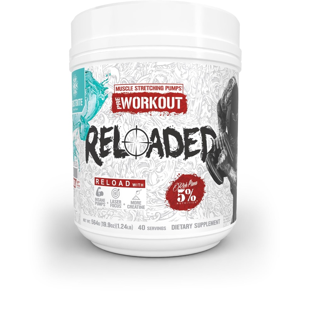 5% Nutrition Rich Piana Reloaded High Stim Pre-Workout | Ultra Energy, Focus, Pumps, Power & Endurance | Citrulline, GlycerSize, Nitrosigine, Creatine, Choline, Huperzine A (Frostbite)