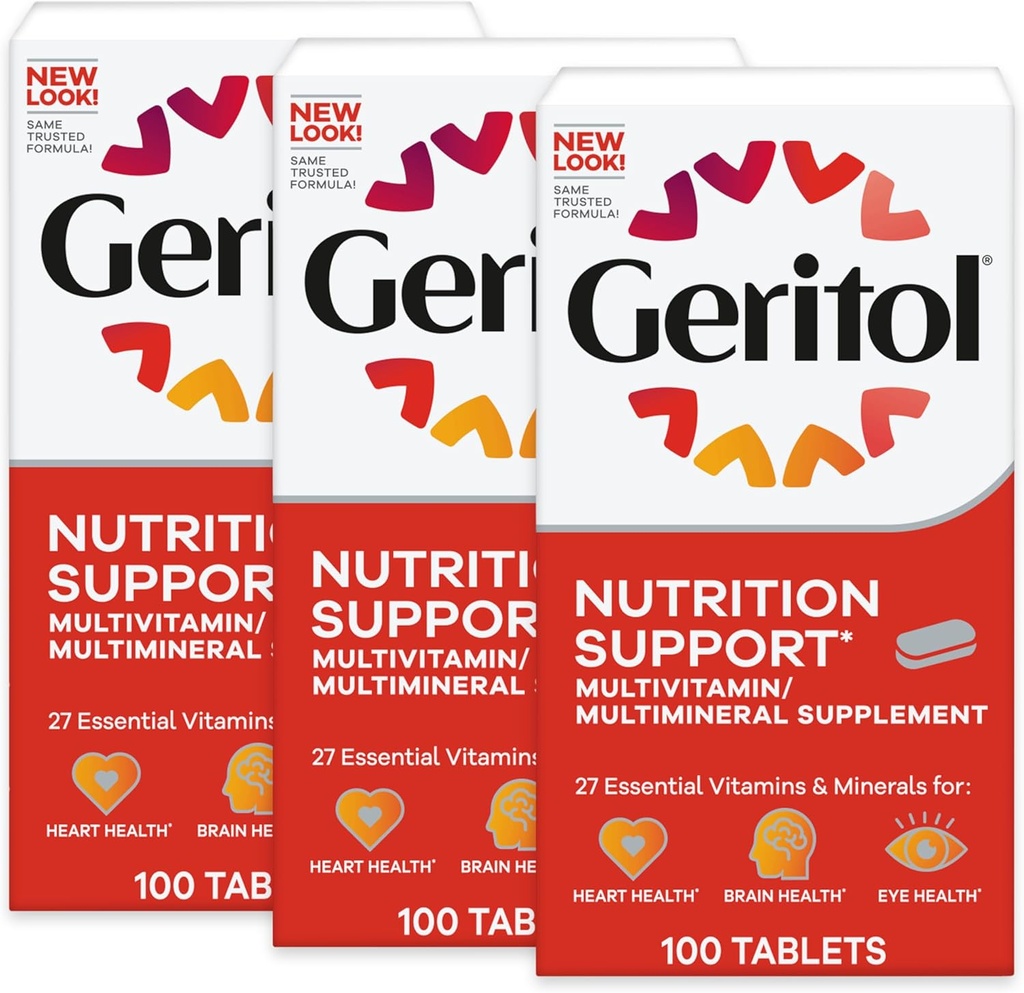 Geritol, Multivitamin Supplement, B-Vitamins, Antioksid, Vitamin C, E & D və Iron, 27 Essential Vitamin və Minerals, Gluten-Free, Non-GMO, No AI Sweeteners, 100 Tablet, 3 Pack