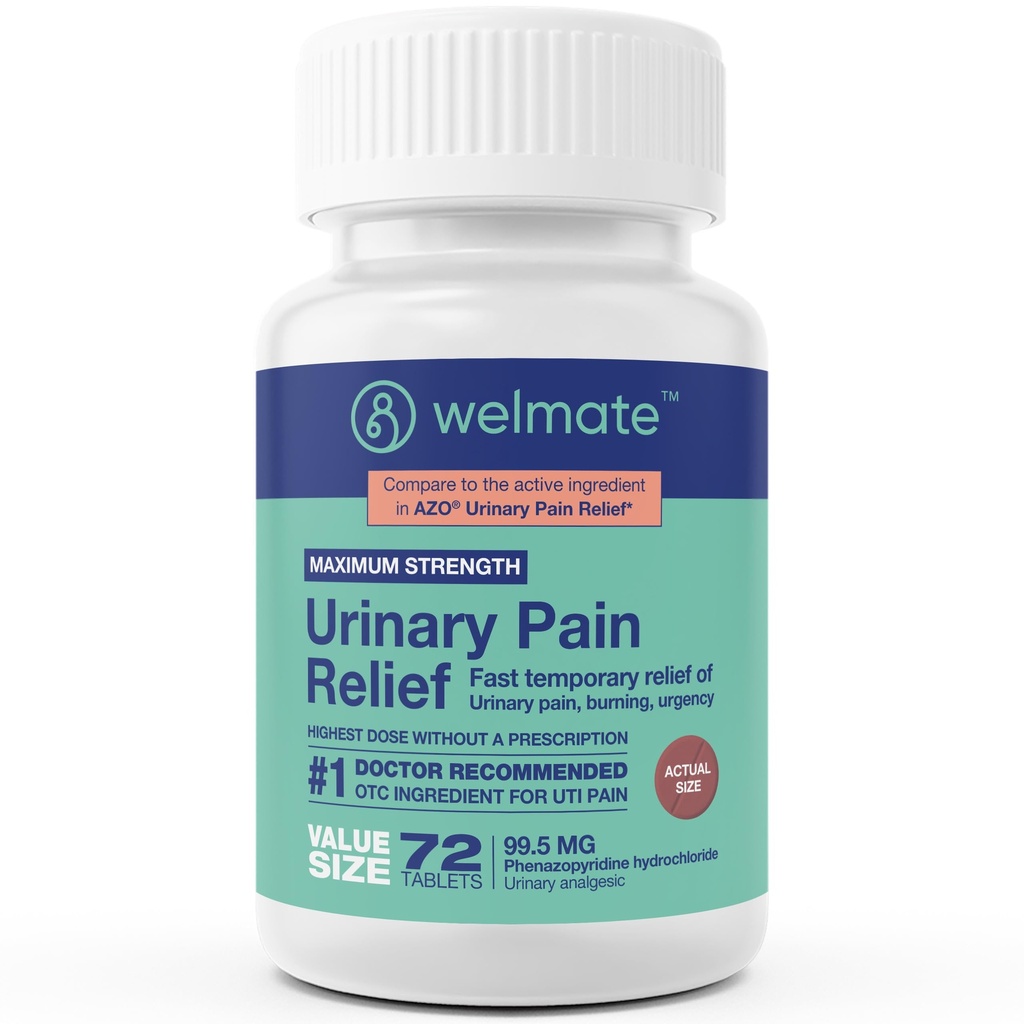 WELMATE UTI Medicine Urinary Pain Relief Maximum Strength 72 Count - Phenazopyridine HCl 99.5mg Tablets, Fast Relief for Burning, Urgency, Bladder Infection Discomfort, OTC for Men and Women