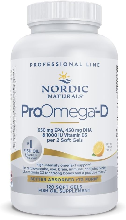 Nordic Naturals ProOmega-D, Lemon Flavor - 120 Soft Gels - 1280 mg Omega-3 + 1000 IU D3 - High-Potency Fish Oil - EPA & DHA - Gehirn, Auge, Herz, & Immune Health - Non-GMO - 60 Servierungen