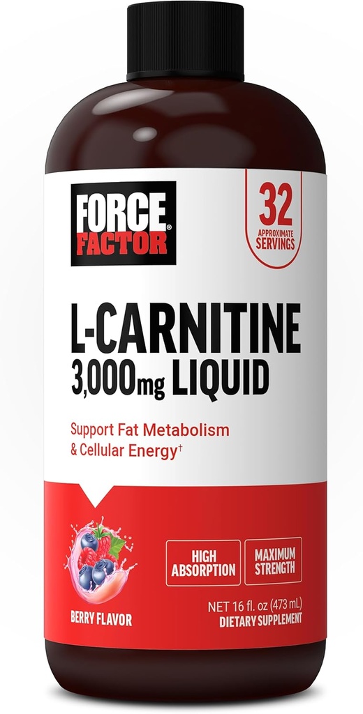 Силов фактор L-Carnitine Liquid 3000mg, Максимална сила Допълнение към подкрепа на мазнините Метаболизма, Клетъчна енергия и възстановяване на мускулите, Висока Абсорбация, Не-GMO, Бери Flavor, 16 унция бутилка