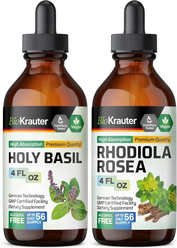 BIO KRAUTER Holy Basil Tincture 4 Fl. Oz & Rhodiola Rosea Tincture 4 Fl. Oz.