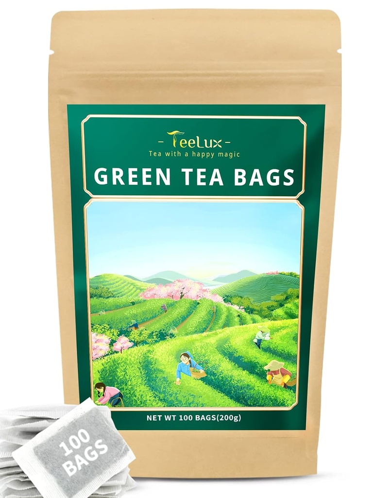TeeLux Green Tea Bags, Natural Pure Green Tea, Super Antiossidante, Caffeinato, 100 Conte Borse di tè per sostenere la salute generale