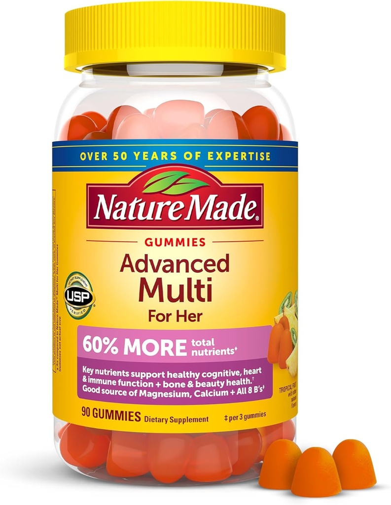 Nature Made Advanced Womens Gummy Multivitamines met Magnesium citraat, Calcium, B Vitaminen, Multivitamine Gummies voor vrouwen, 90 Multi Vitamine Gummies, 30 dagen levering