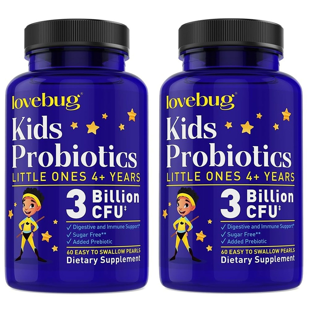 LOVEBUG Probiotics Little Ones Kids Probiotics, 120 Pearls – 3 Billion CFU w/Added prebiotic Fiber – Allergen-Free, Non-GMO