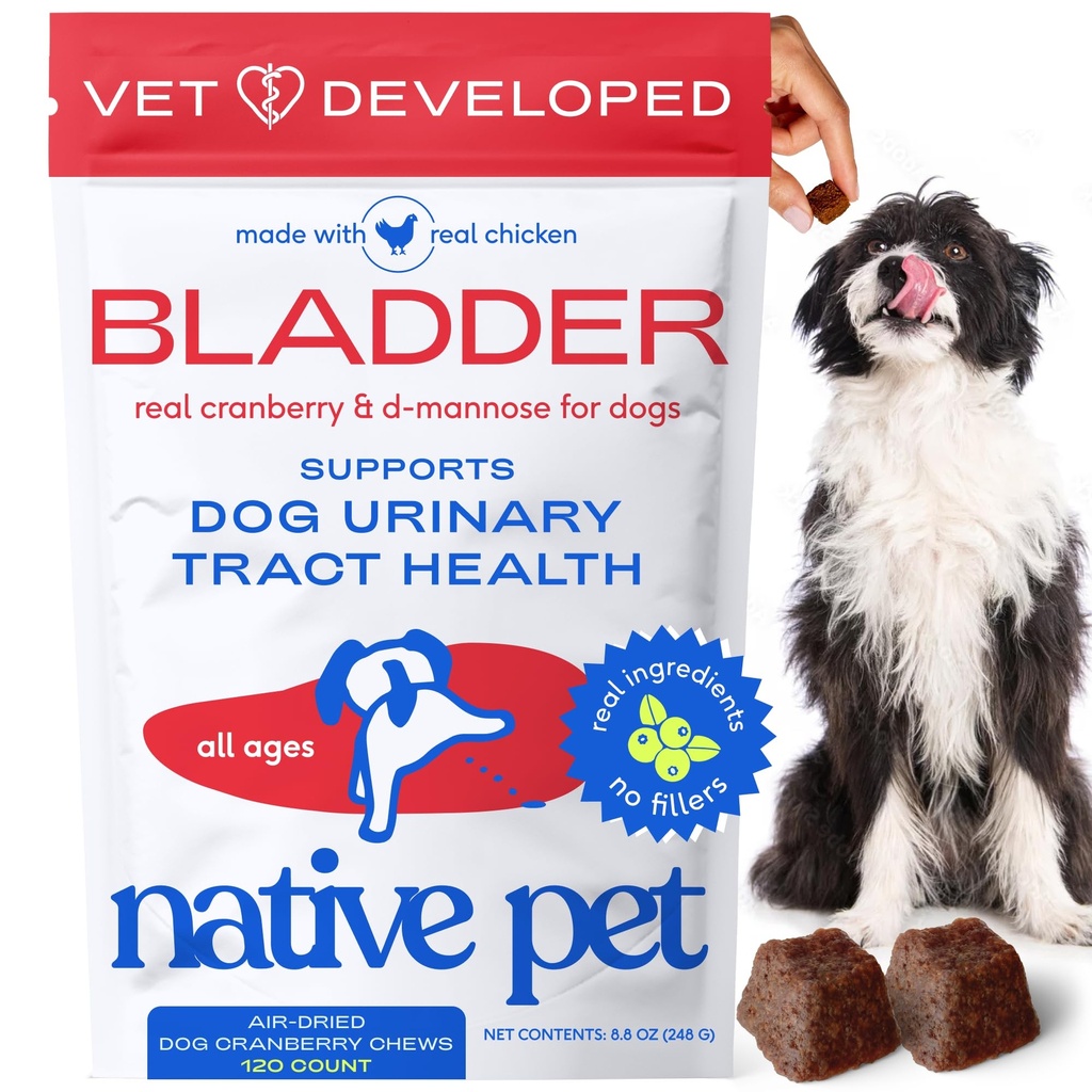 Native Pet Dog UTI Treatment - Cranberry Supplement for Dogs - Supports Normal Bladder Function, Urinary Tract & Kidney Health - Real Cranberry Extract, D-Mannose & Probiotics - Air-Dried - 120 Chews