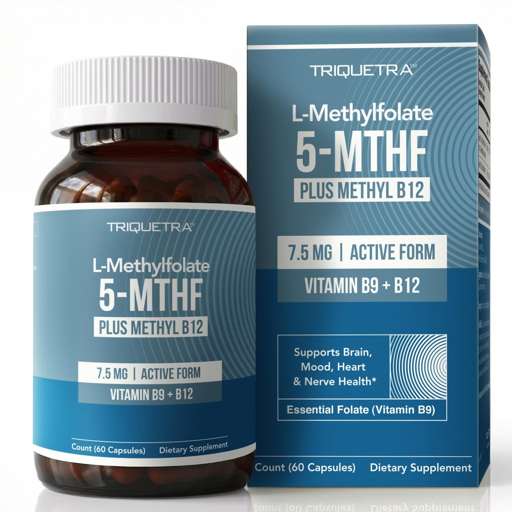L Methylfolate 7.5mg plus Methyl B12 - Active 5-MTHF Form, MTHFR Supplement - Bloodstream Ready Methylated Folate + B12 Cofactor - Supports Mood, Homocysteine Methylation, Cognition (60 Capsules)