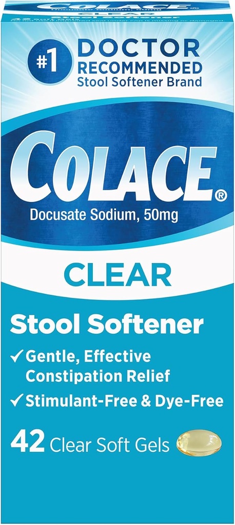 Colace Clear Stool Softener a gyengén hatékony székrekedés enyhítésére, # 1 Doctor Ajánlott Stool Softener Brand, Dye Free, 50 mg Docusate kapszula, 42 Count