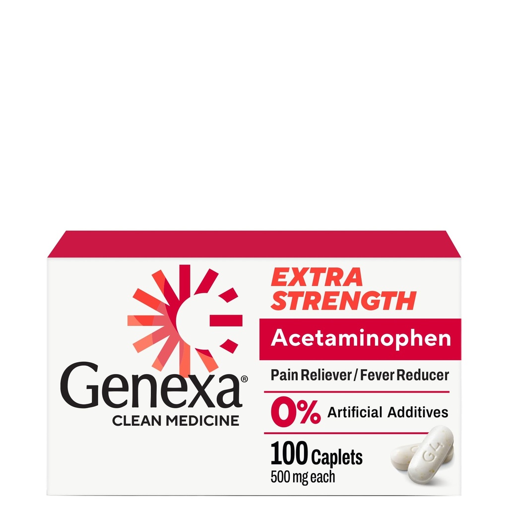 Genexa Clean Acetaminophen 500mg Extra Strength, Dye Free Pain Reliever Fever Reducer, 0% Artificial Additives, Pain Medicine for Adults, Relieves Headache, Backache, Minor Arthritis Pain, 100 Tablets