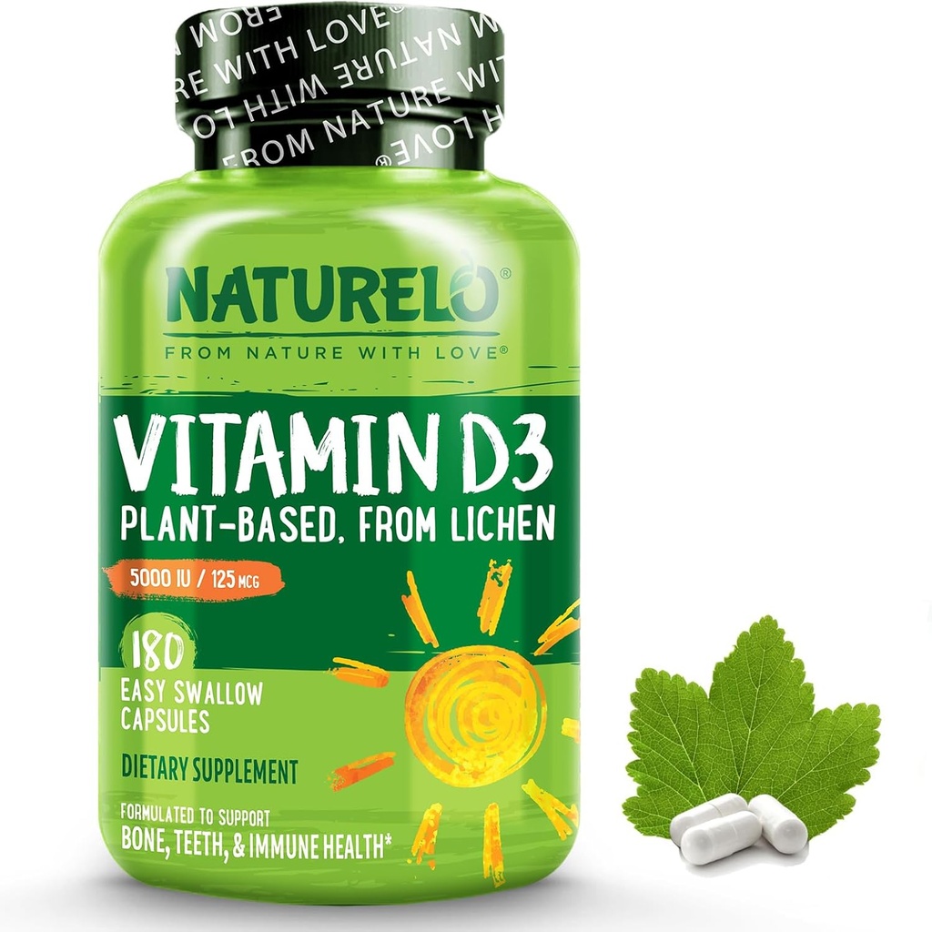 NATURELO Vitamin D - 5000 IU - Plant Based from Lichen - Natural D3 supplement for Immune System, Bone Support, Joint Health - High Potency - Vegan - Non-GMO - Gluten Free - 180 Capsules