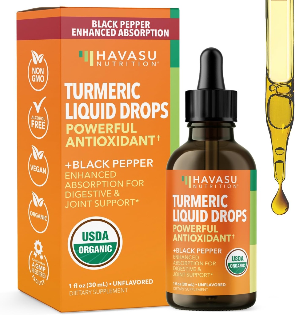 USDA Organic Turmeric Liquid Drops with Black Pepper - 1000mg Curcumin Supplement for Imune & Digestive Health - 30 Servings - Enhanced Absorção - Não-GMO, Vegan, Gluten Free - Sem sabor, 1 Fl Oz