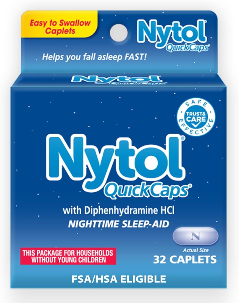 Nytol Quick Caps Nighttime Sleep Aid with Diphenhydolamine HCI, Easy-to-Swallow Caplets to Fall Asleep Fast, 32 Counts 双酚胺HCI, 易向燕子卡普莱特快速坠落 Asleep Fast, 32 Counts