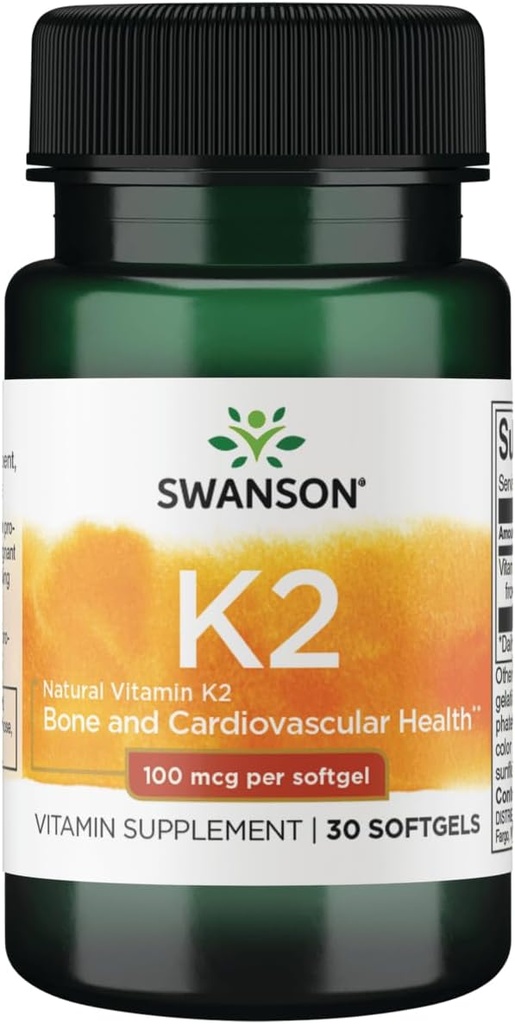 Swanson Vitamin K2 (Menaquinone- 7) - Vitamin Supportion Support Cardiovascular and Bone Health - dibuat dari Jepang Natto untuk membantu Regulate Kalsium - (30 Softgels, 100mcg Masing-masing)