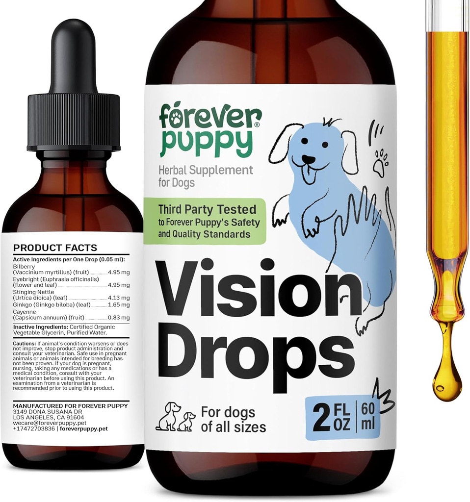 Forever Puppy Vision добавки для собак - Eye Tincture w/Bilberry & Eyebright Herb - Всі Breeds & Розміри - Рідкі собака Харчові добавки для підтримки зору & Очі Clarity - Цукор & Спирт-Free - 2 oz