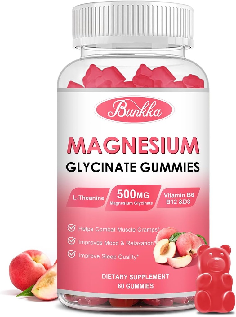 Magnesium Glycinate Gummies - Sugar Free, Magnesium Комплекс Потассіум Supplement з калію, вітамінD, B6 для Калм, Sleep & Stress Relief для дорослих - 60 Peach Gummies