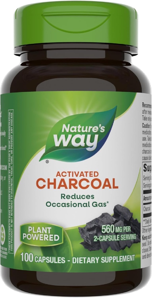 הדרך של הטבע הפעילה Charcoal, Binds Unwanted Materials and Gas in the Digestive Tract*, 560 מ"ג עבור משרת 2Capsule, 100 קפסולות (Packaging May Vary)