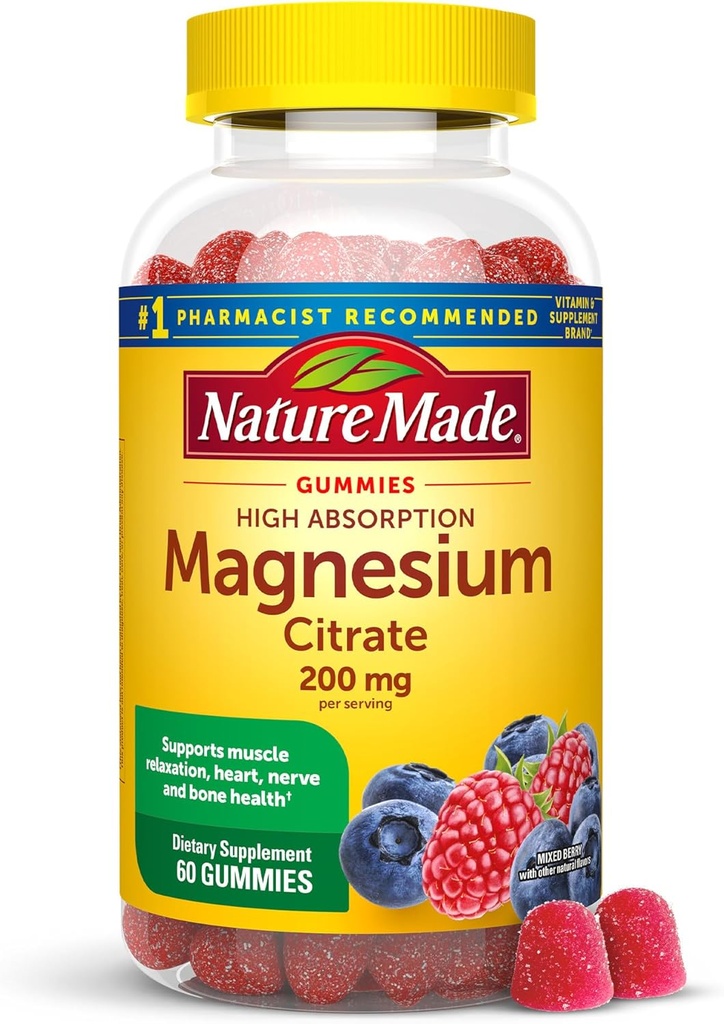 Natural feito citrato de magnesio de alta absorción 200 mg por porción, Suplemento de magnesio para o músculo, nervios, ósos e apoio cardíaco, 60 Gummies de magnesio, subministración de 30 días