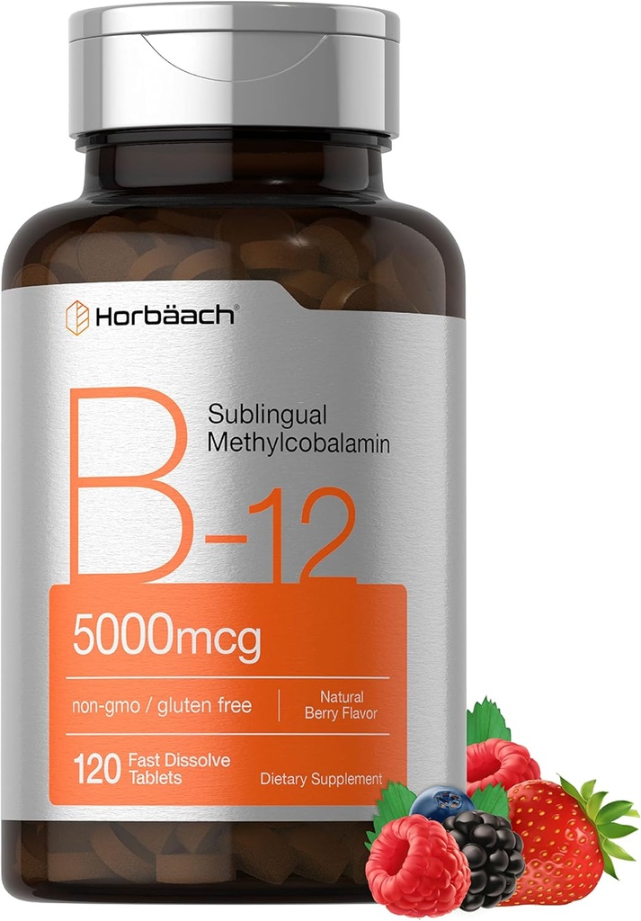 Horbäach B12 Vitamin 5000 mikrog | 120 Hurtigoppløselige tabletter | Sublingual Metylkobalamin | Vegetarisk, ikke-GMO & Glutenfri Supplement