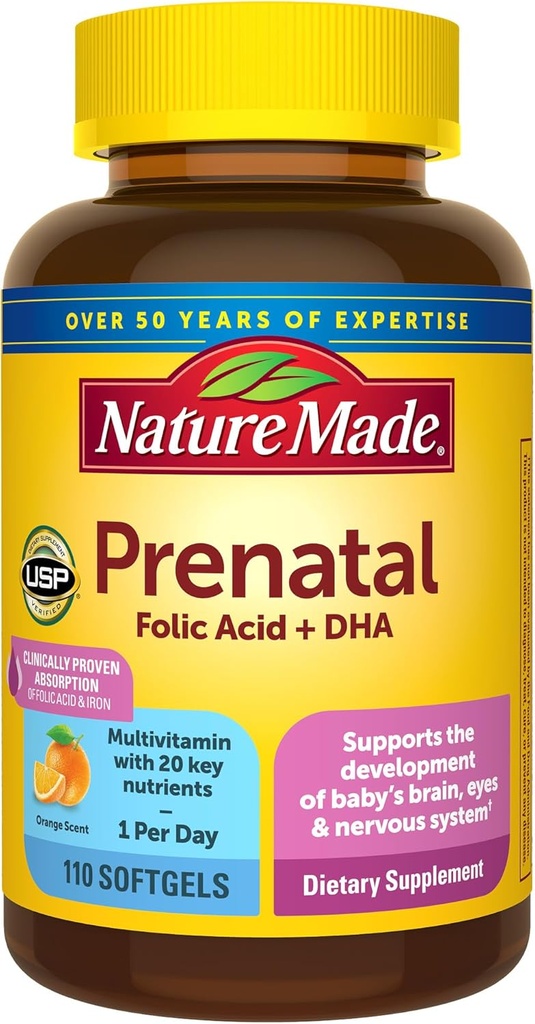 Nature Made Prenatal with Folic Acid + DHA, Prenatal Vitamin and Mineral Supplement for Daily Nutritional Support, 110 Softgels, 110 일 공급