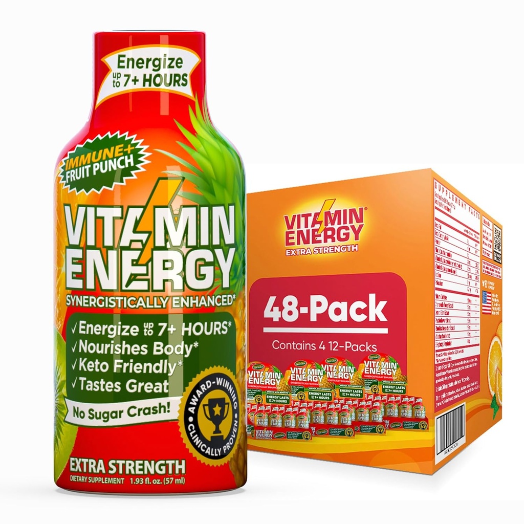 Vitamin Energy Immune + Extra Strength Energy Shot Fruit Punch 48 Pack, 260mg Natural Caffeine, B-Vitamins, Citicoline, Green Çay, Immunity & Focus Support, Zero, Gluten-Free 1.93 fl oz