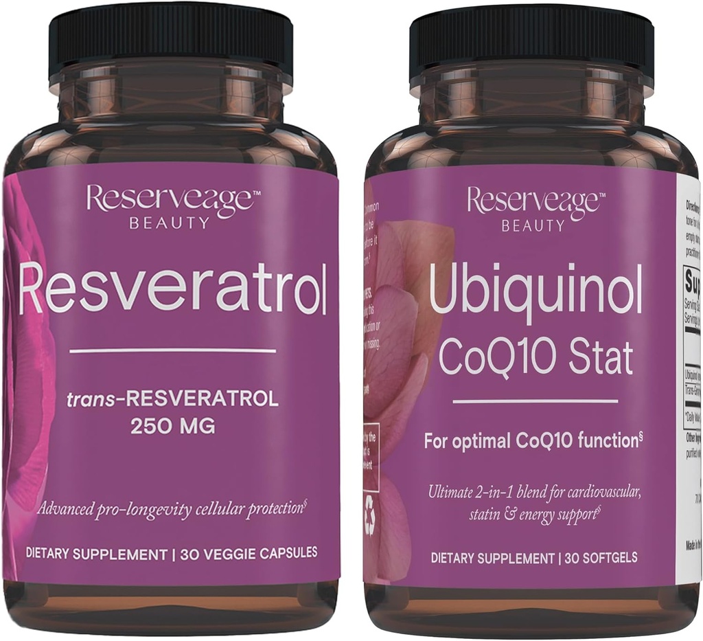 Varaus Kauneus, Resveratrol 250 mg, Antioksidantti täydentää sydän-ja soluterveyden 30 Caps & Ubiquinol CoQ10 Stat - Tuki sydän- ja verisuonijärjestelmän, energiatasot & soluterveyden - 30