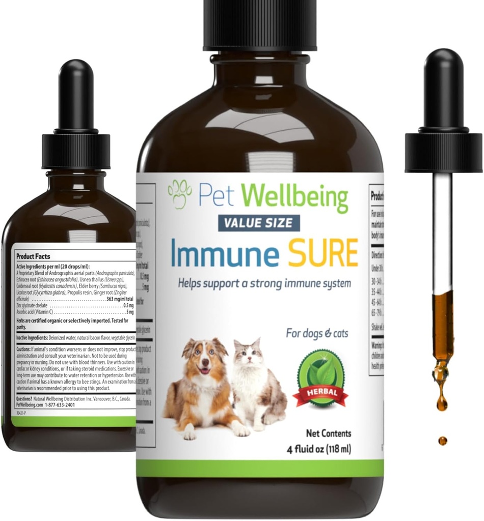 Pet Wellbeing Имунна Сигурен за кучета - Поддържа нормална имунна защита, Gut Flora Balance, Andrographis, Echinacea, Витамин C, Цинк - Ветеринарно-формулирана билкови добавки 4 oz (118 ml)