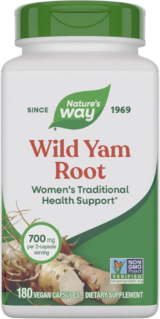 Nature 's Way Wild Yam Root, Women' s Traditional Health Support *, 700 mg pr. 2-capsule Serving, Non-GMO Project Verified, 180 Vegan Capsules (Packaging May Vary)