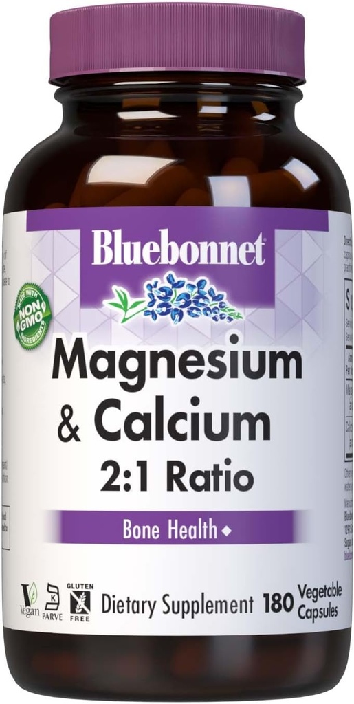 Bluebonnet Nutrition Magnesium & Calcium 2:1 Ratio, Bone Health *, Non-GMO, Vegan, Kosher Certified, Gluten-Free, Soy-Free, Dairy-Free, 180 Vegetabiliska kapslar, 60 portioner
