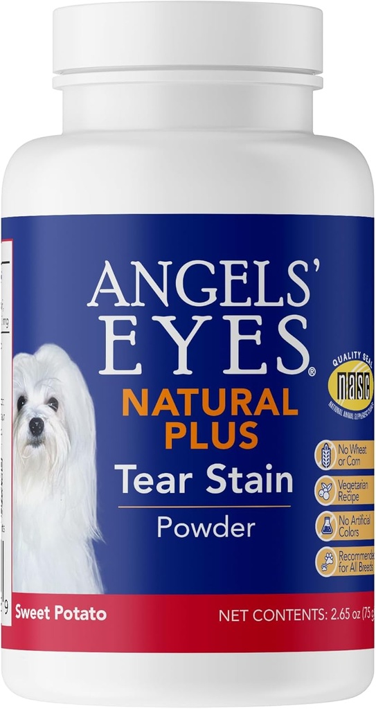 Gli occhi degli angeli Natural Plus Tear Stain Supplemento polvere di patata dolce per cani, Prevenire la pelliccia trattenuta, Eyebright, Olive Leaf, Marshmallow Root, Nessun grano o mais, Ingredienti limitati, Vegetariano, 75g