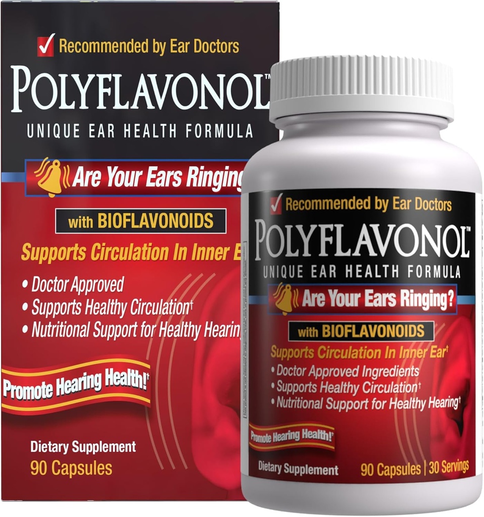 Polyflavonol z bioflavonoidi, Tinitus Relief, Edinstvena formula zdravja ušesa, podporo zvonjenje ušesa, Podpira kroženje v notranjem ušesu, spodbuja zdravje sluha, 90 kapsule, 30 Serving