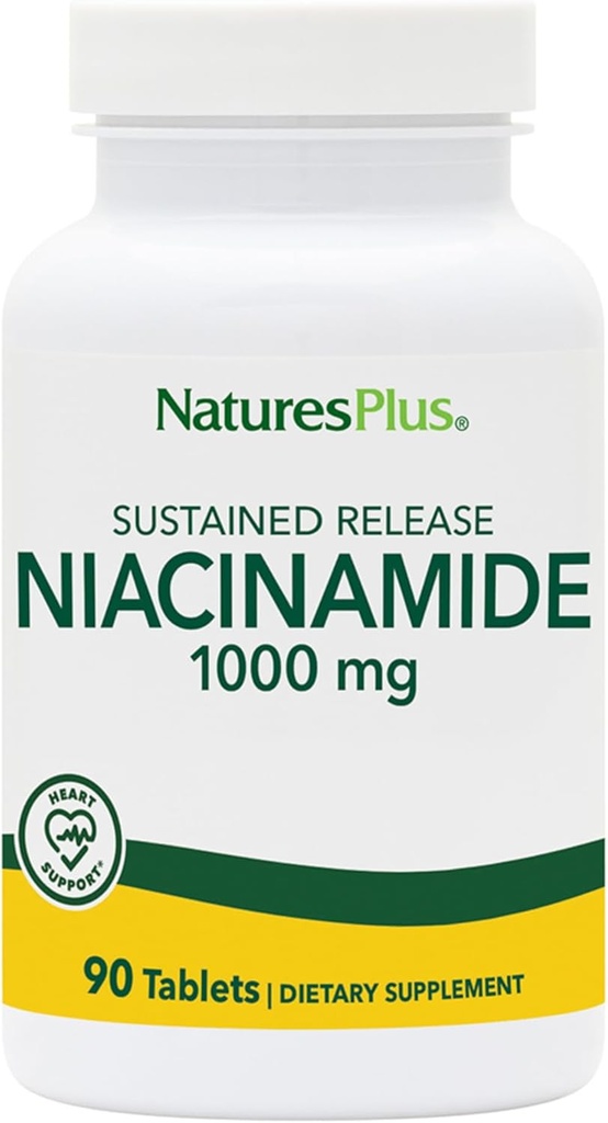 NaturesPlus Niacinamida, Liberação Mantida - 1000 mg, 90 Comprimidos - Suplemento de vitamina B3 de alta potência - Vegetariano, sem glúten - 90 Servimentos
