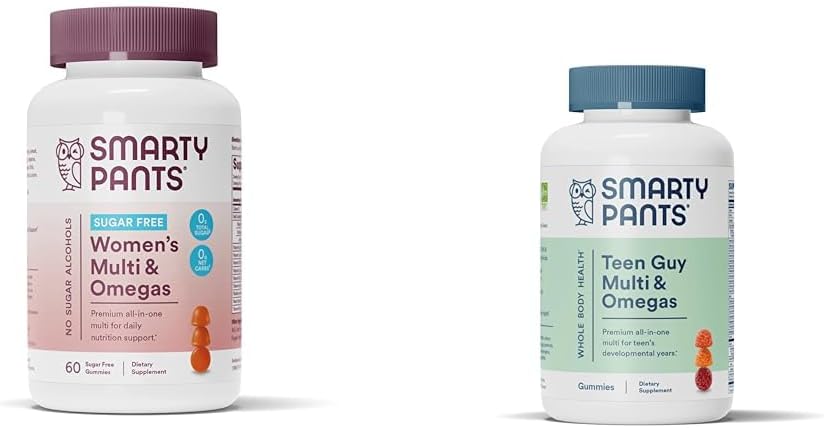 SmartyPants Women's Multivitamin Gummies, Sugar Free: Biotin, Methylfolate, Omega 3 (ALA), Vitamin D ' Teen Guy Multivitamin Gummies: Omega 3 Fish Oil (EPA/DHA), Vitamin D3, C, Vitamin B12, B6