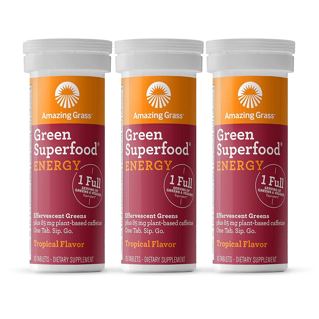 Amazing Grass Effervescent Energy Tablets: Greens + Green Tea Кофеин, Вода Ароматизираща таблетка с антиоксиданти, Nootropics Support, Тропически, 10 Count (Pack of 3)