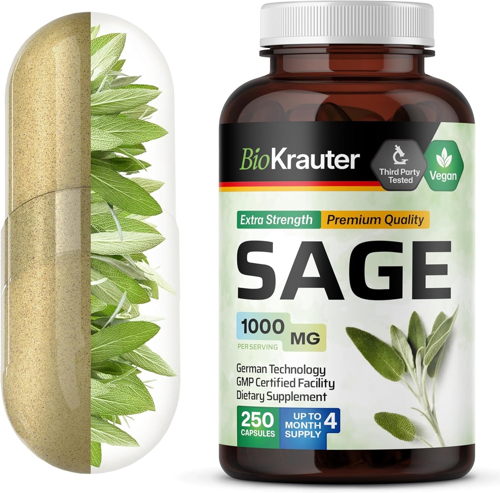 BIO KRAUTER Sage Supplement Capsules 1000 mg - 250 Vegan Caps - Supplement met Salvia Officinalis - Immune & Digestieve Ondersteuning - Rijk aan antioxidanten
