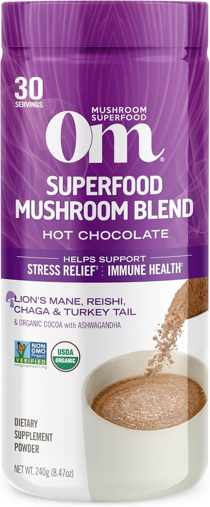 OM MUSHROOM SUPERFOOD Hot Chocolate Blend - Dutch Cocoa med Lion's Mane, Reishi, Chaga & Turkey Tail - Stöder fokus, lugn och stress - 2g socker, 25 kalorier - 8,47 oz Canister (30 portioner)